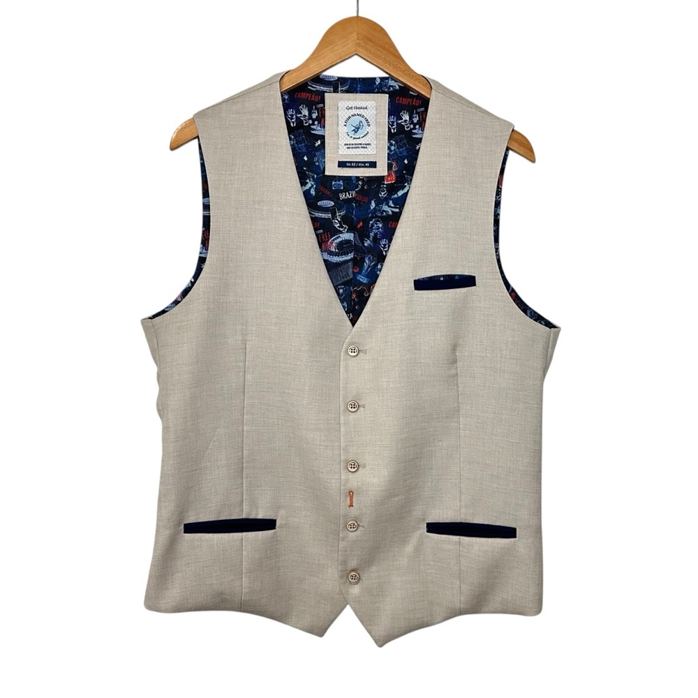 A Fish Named Fred Mens Waistcoat Vest Sz US 40 Sandy Linen Football/Soccer Lined